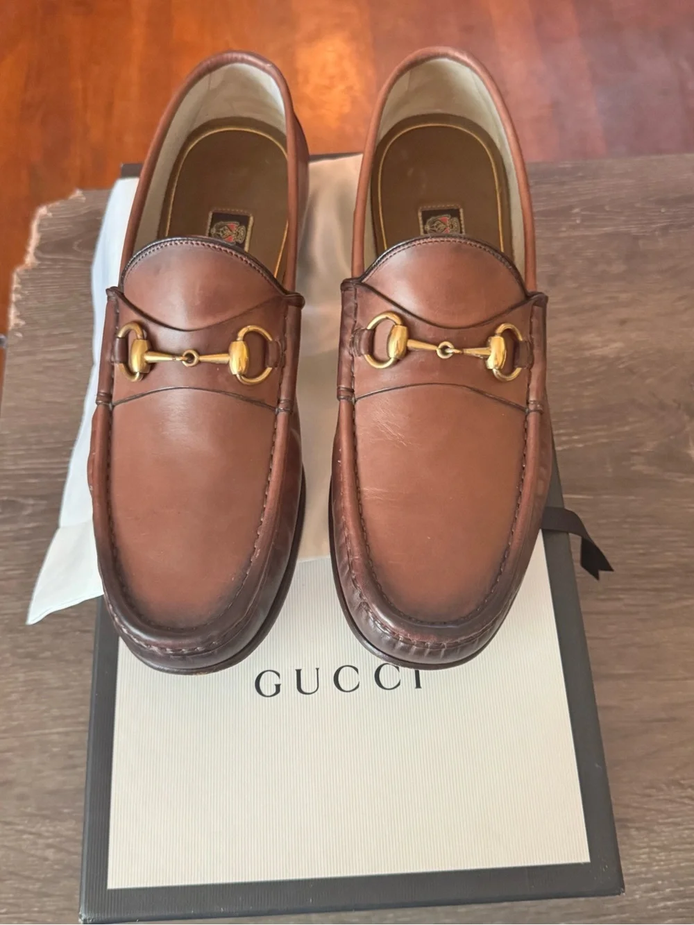 Gucci Men's Brown Leather Horsebit Loafers with Gold Hardware